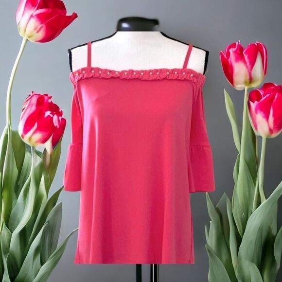 KARL LAGERFELD NWT OFF THE SHOULDER CORAL BLOUSE TOP PEARL EMBELLISHED SIZE M - Picture 1 of 10